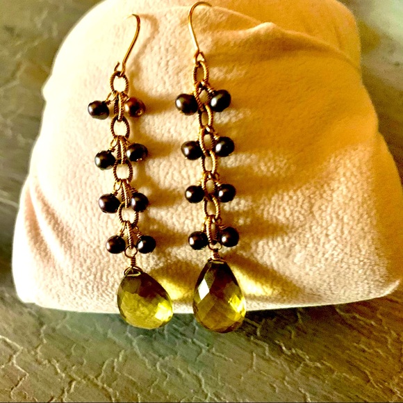 Elizabeth Showers Earrings w/beading , gold, and tourmaline stones. - Picture 3 of 3